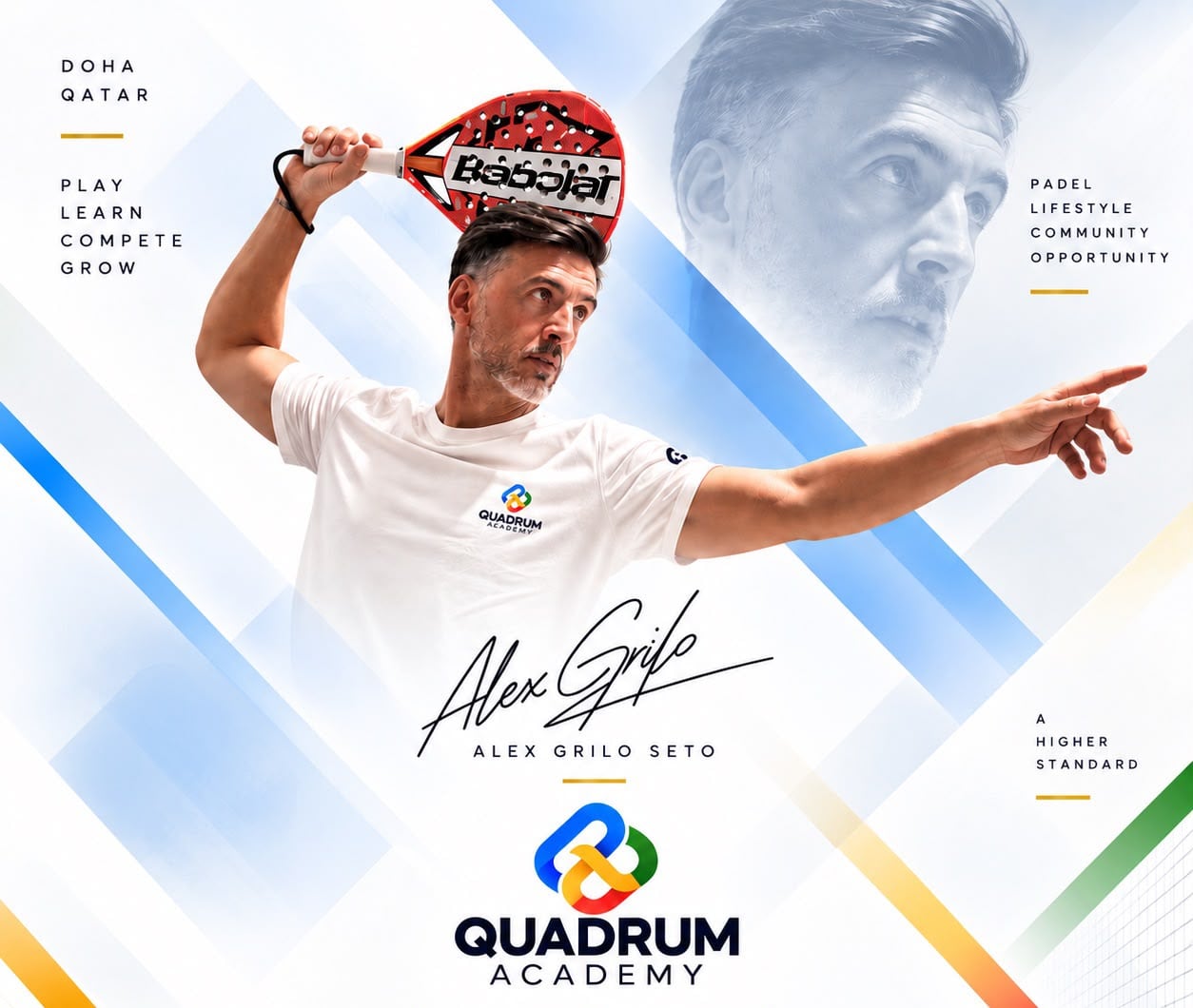 Alejandro Grilo with his padel racket raised, shown alongside his signature and the Quadrum mark